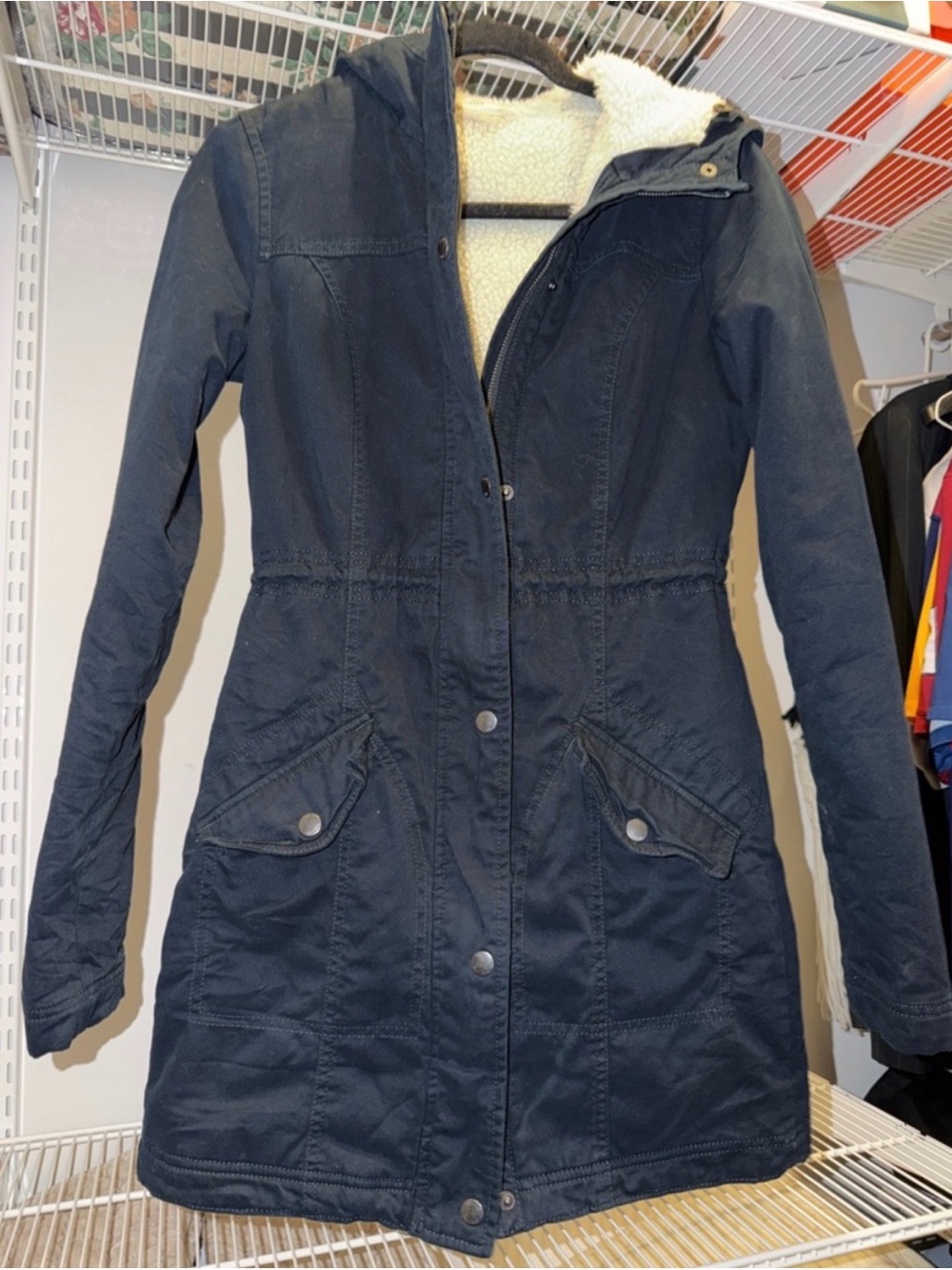 Hollister Navy Hooded Trench Coat with Sherpa Lining - XS